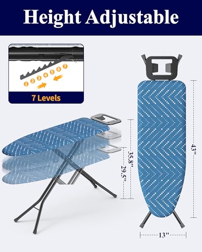 Kitsure Folding Ironing Board - Height Adjustable Iron Board in Full Size, Wobble-Free & Heavy-Duty Ironing Board with Cover and Pad for Heat Resistance, Blue, 43"L x 13"W x 35.8"H, Garment Steamer - color: Blue