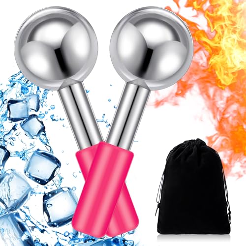 Baderke 2 Pcs Ice Globes for Face Stainless Steel Cooling Globes Unbreakable Cooling Roller Women Ice Balls Cryo Sticks Facials Skin Care for Dark Circles, Puffiness(Silver (Pink Handle)) - color: Silver (Pink Handle)