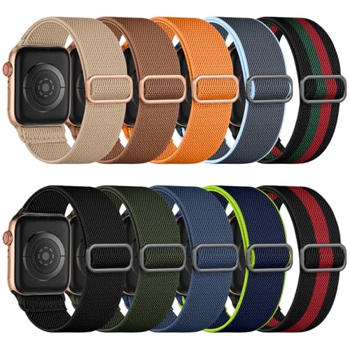 Maledan 10 Pack Stretchy Bands Compatible with Apple Watch Band 44mm 45mm 38mm 40mm 41mm 42mm 46mm 49mm Women Men,Soft Nylon Braided Strap Wristband for iWatch Series Ultra 11 10 9 8 7 6 5 4 3 2 1 SE - color: Black/ZWalnut/Caramel/Soft Orange/BlackRed/Bla