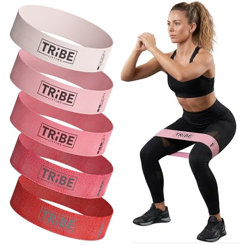 Tribe Lifting Fabric Resistance Bands for Working Out - 5 Exercise Bands Set for Legs and Glutes - Booty Bands for Women and Men - Thick Cloth Workout Bands for Physical Therapy, Hip Training - color: Pink