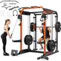 YOLEO Smith Machine & Squat Rack Combo, Multi-Functional Power Racks with Adjustable Width & Pull-Up Bar, Cable Crossover Power Cage, Independent Dual-Pulley System for Home Gym Garage Basement - style: 1800LB Multi-Functional Smith Machine