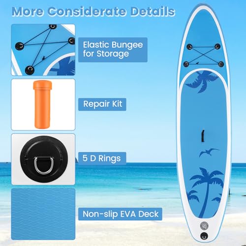 KOTEK 10FT/11FT Inflatable Paddle Board, SUP Paddleboard with Hand Pump, Safety Leash, Repair Kit, Carry Bag, Non-Slip EVA Deck, Stand Up Paddle Board for Youth & Adults - size: 11 FT, style: Blue Coconut Palm