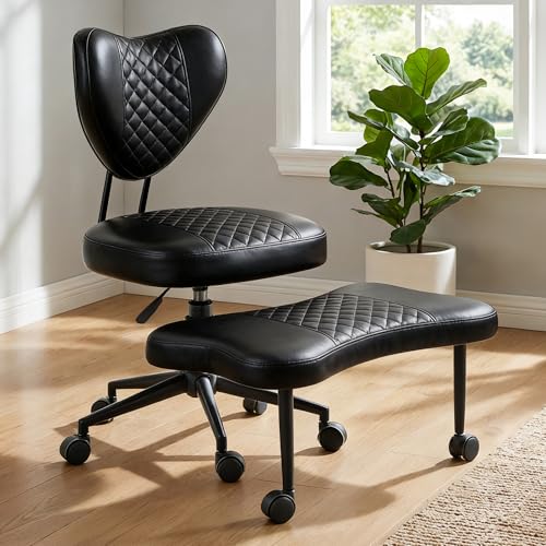 Cross Legged Office Chair with Wheels, 360 Swivel Height-Adjustable Meditation Chair with Lumbar Support, PU Leather, Black - color: Black, size: Heart Back with Rectangular Cushion