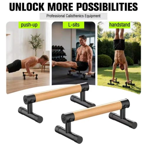 GanFindX Wooden Push Up Bars 9.5/13" 500LB Parallettes for Training | Natural Wood Grip, Black Anti-Slip Steel Base, Heavy Duty Parallettes for Push Ups, L-Sits, Gymnastics & Calisthenics Workout - size: 9.5"