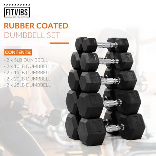 Fitvids Rubber Encased Hex Dumbbell Set Contoured Handle for Muscle Toning, Strength Building & Full Body Workout, 60LB, 100LB, 150LB and 550LB Set - style: 150LB Set (5-25LB Pairs)