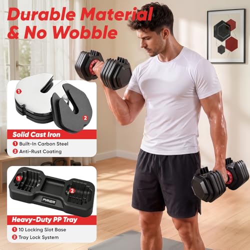 PIRIER Adjustable Dumbbell Set 25/50LB Dumbbells Weight, 10-in-1/18-in-1 Weight Dumbbell with Anti-Slip Metal Handle and Bicep Supports for Comprehensive Full Body Strength Training - color: Black-25LB-Pair