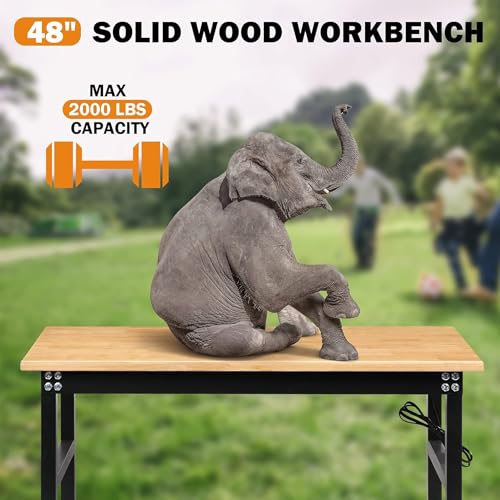 Betterhood 48" Adjustable Workbench on Wheels, Rubber Wood Heavy Duty Workstation with Power Outlets&2 Pegboards, 2000 Load Capacity Hardwood Worktable for Workshop, Garage, Office, Home, Commercial - size: Metal Wheels/Pegboard/2Power Outlets /48"x24"x39