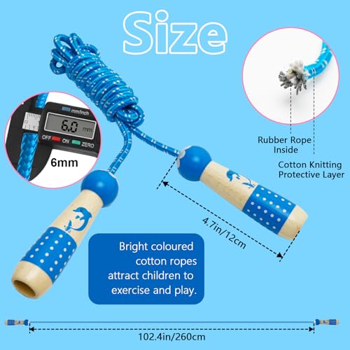 EGOSKY Jump Rope Kids, 7.2ft Children Adjustable Cotton Skipping Rope with Wooden Handle for Boys Girls Fitness Outdoor Activity - color: Blue