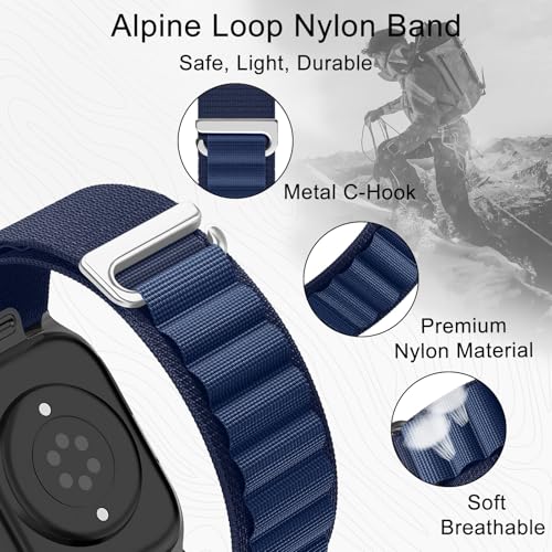 Alpine Loop Nylon Band - Compatible with Apple Watch Ultra 2/Ultra Bands 49mm 45mm 44mm for Men Women, Adjustable with Metal C Hook Strap for iWatch Ultra 2 iWatch Ultra Series 10 46mm SE/9/8/7/6/5 - color: Alpine/Midnight Blue Titanium