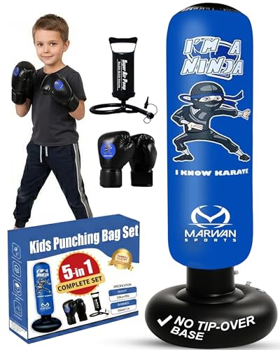 Marwan Sports Ninja Kids Punching Bag — Inflatable Sensory Toy & Birthday Gift for Boys & Girls Ages 4-12, 63" Freestanding 5-in-1 Kit, Indoor Apartment-Quiet Sensory-Friendly Active Play - color: Blue