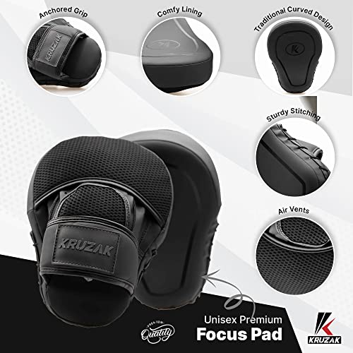 Kruzak Matte Black Boxing Gloves and Pads, Boxing Gloves Training Set for Kickboxing and Muay Thai MMA Training - Boxing Kit for Adults with Punching Pads for Martial Arts and Karate - size: 16 oz