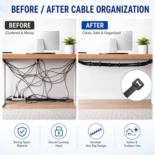 Zip Ties 8 inch, 100 Pack Heavy Duty Black Zip Ties with 100 lbs Tensile Strength, Self-Locking Nylon Cable Ties,Wire Ties for indoor and outdoor use. - color: Black, size: 8"(100 Pack) 100 Lb