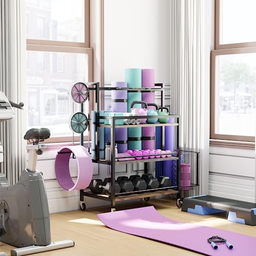 EasyCom Home Gym Storage Rack for Dumbbells, Kettlebells, Foam Roller, Weights - Yoga Mat Storage Rack - Yoga Mat Storage Cart with Wheels, Shelves, Hooks - Home Gym Storage Unit Equipment Organizer