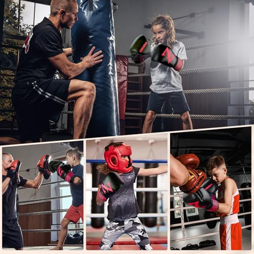 Kids Boxing Gloves 6 oz Youth Training Sparring Gloves for 3–12, Leather Ventilated Mesh, Boys Girls Junior Punching Gloves for PunchBag Focus Pads MMA Muay Thai Kickboxing - color: Red