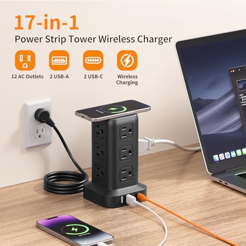 Extension Cord with Multiple Outlets, SMALLRT Power Strip Tower, 10FT Outlet Extender with 12 AC Outlets 4 USB, Power Strip with USB Ports for Home Office Dorm Room,Overload Protection - color: Black, size: 10 Ft with wireless charging