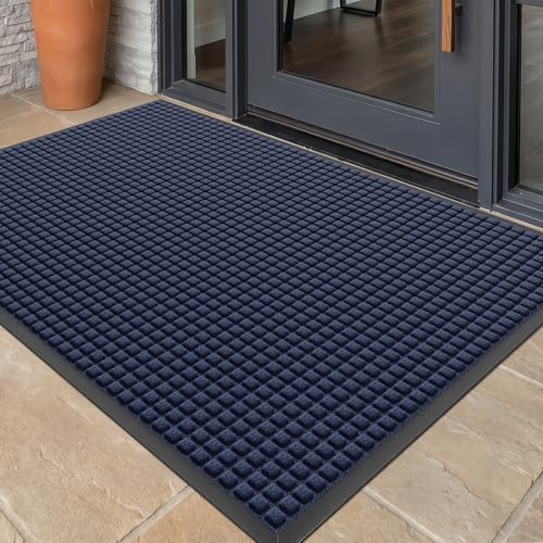Front Door Mat Outside Entrance, Heavy Duty Waterproof Doormat | 47.5"x35.5" Indoor/Outdoor Dirt Trapper with Non-Slip Rubber Backing, Low Profile Easy Clean, Stain & Fade Resistant Navy - color: Navy, size: 2'11" x 3'11" (Rectangular)