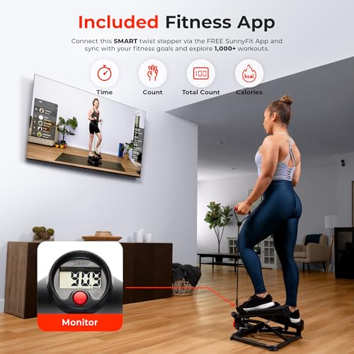 Sunny Health & Fitness Twist Stair Stepper with Resistance Bands | Low-Impact, Side-Twist Motion, Adjustable Step Height, Hydraulic Resistance, SunnyFit App, Up to 350 lb Capacity - color: Black Onyx