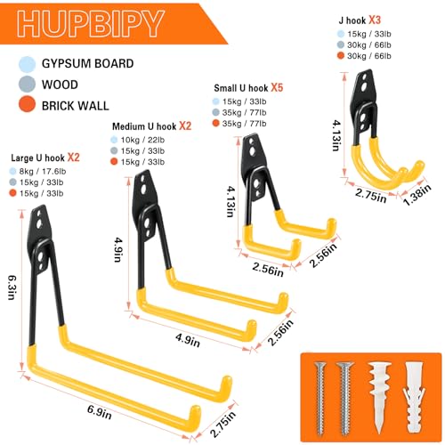 HUPBIPY 12 Pack Garage Hooks Heavy Duty, Wall Mount Ladder Hooks | Storage Organizer With a non-slip coating for Hanging Bicycles Garden Tools Ladders Hoses Ropes and Loose Items(Yellow) - color: 12 Pack Yellow