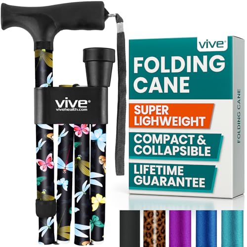 Vive Folding Cane - Foldable Walking for Men, Women Fold-up, Collapsible, Lightweight, Adjustable, Portable Hand Stick Balancing Mobility Aid Sleek, Comfortable (Black Butterfly) - color: Black Butterfly