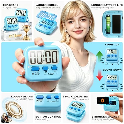 Antonki 2 Pack Digital Timer for Kids, Magnetic Countdown Kitchen Timers for Cooking, Egg, Classroom, Teacher, Exercise, Study, Oven - Battery Included - color: Clear Blue