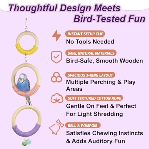 3-Ring Bird Wooden Swing with Bell Climbing Toy Chewable Cotton Rope Perch for Cage Cockatiels Budgies Parakeets Lovebirds 17 Inch