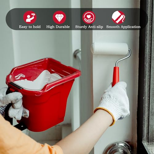 Mister Rui Hand Held Paint Bucket Kit 12 Pcs with Magnetic Holder, No-Drip Edge & Quick Liners, Paint Cup Includes 4" Foam Rollers, 2" Brush, Adjustable Handle for Trim & Detail Work - size: 4 Inch 12Pack