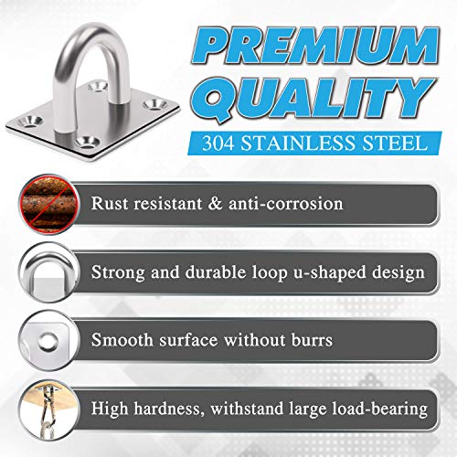 PAMAZY 2PCS M8 Premium Heavy Duty Square Stainless Steel Pad Eye Hooks + 2PCS Snap Hooks and 8PCS Screws with 8PCS Plastic Expansion Tube, Ceiling Hooks Heavy Duty for Outdoor Indoor Activity