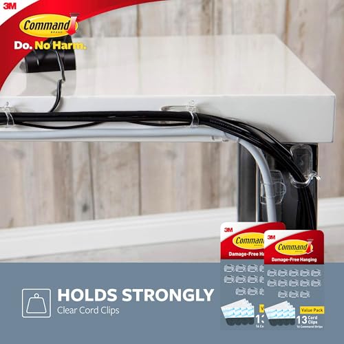 Command Round Cord Clips, Damage Free Hanging Cable, for Hanging Electrical Cables, 26 Clear Cord Clips and 32 Strips - size: 26 Clips, 32 Strips