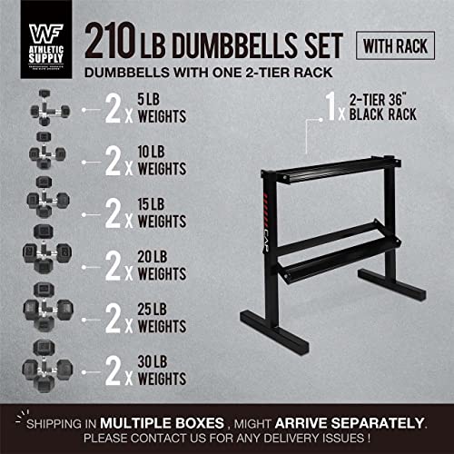 WF Athletic Supply Rubber Encased Hex Dumbbells with Rubber Grip Contoured Handle for Muscle Toning, Strength Building & Full Body Workout - color: u. 210LB Dumbbell Set w/ 2-Tier Rack