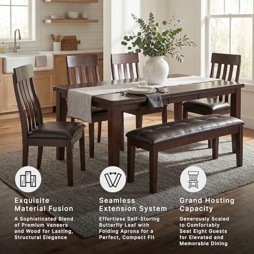 Signature Design by Ashley Haddigan Dining Room Extension Table, Dark Brown | Veneers, wood and engineered wood, Farmhouse style wood dining table, Self-storing 18-inch butterfly leaf, Kitchen table - color: Dark Brown, style: Farmhouse