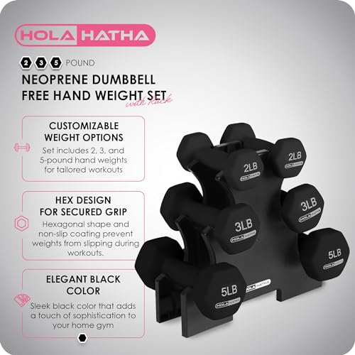 HolaHatha 1, 2 and 3 lb Neoprene Dumbbell Strength Training Weight Set with Rack - color: Black, size: 20 LB