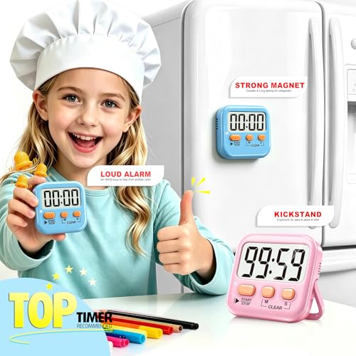 Antonki 2 Pack Digital Timer for Kids, Magnetic Countdown Kitchen Timers for Cooking, Egg, Classroom, Teacher, Exercise, Study, Oven - Battery Included - color: 2 * Dreamy Pink + Blue ( 95%+select for Boy & Girl )