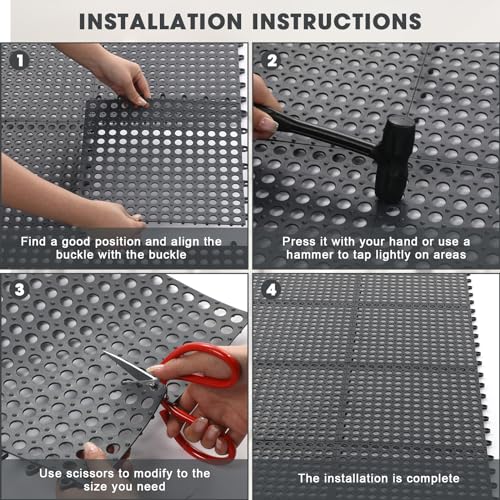 Drydiet 8 Pack Drainage Tiles Modular Interlocking Floor Tiles with 1 Pc Plastic Hammer 12" x 12" Cushion Mat Non Slip Rubber Floor mat with Holes for Pool Bathroom Deck Kitchen Patio (Black) - color: Black