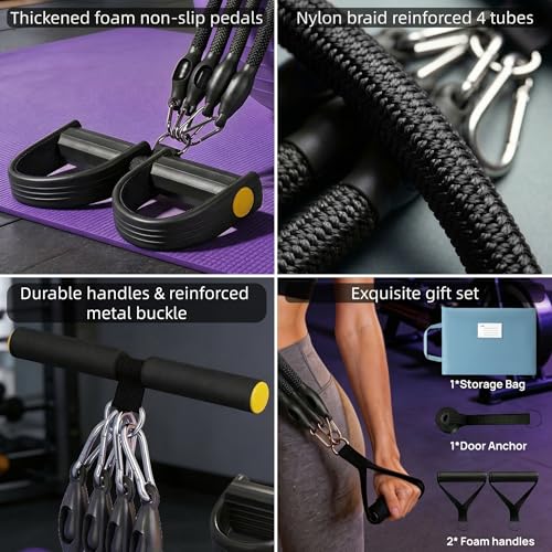 Upgraded Pedal Resistance Band with 4x25 lbs Resistance Tubes Multifunction Home Gym Workout Equipment for Sit Up & Calves Back ABS Leg Hip Arm Exercise - color: Black