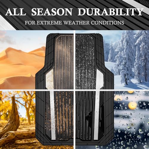 CAR PASS Heavy Duty Rubber Car Mats Metallic, Aluminum Film All Weather Floor Mats Waterproof Universal Trim to Fit for SUV Sedan Van 4 Piece Deep Dish Two-Tone Sporty Black Silver Chrome - color: Black and Silver