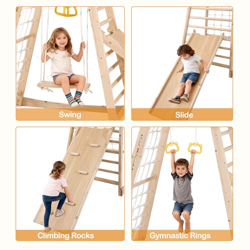 Indoor Jungle Gym, Wooden Indoor Playground, (7 in 1) Toddler Climbing Toys, Gym with Slide, Climbing Net, Swing, Gymnastics Ring