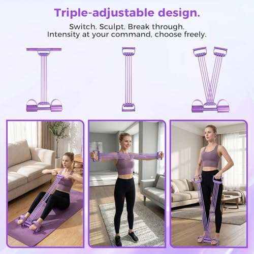 Pedal Resistance Band with Handle, Sit Up Exercise Equipment | Upgraded 8-tube multifunction pedal resistance band for home gym. Non-slip foam handles and foot pedals for full body workout - color: Purple