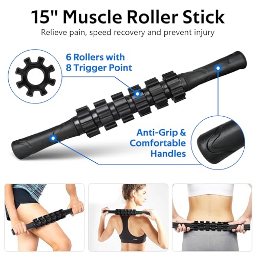 7 in1 Foam Roller Set for Deep Tissue Muscle Massager - High Density Back Roller, Muscle Roller Stick, Resistance Bands, Foot Massage Ball, Stretching Strap for Exercise, Whole Body Physical Therapy - color: Black Blue