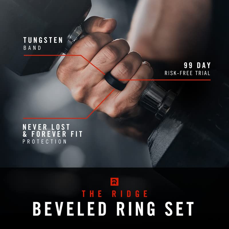The Ridge Tungsten Rings For Men - Mens Wedding Band - Strong, Durable, and Scratch-Resistant Beveled Ring With Silicone Band - color: Royal Black