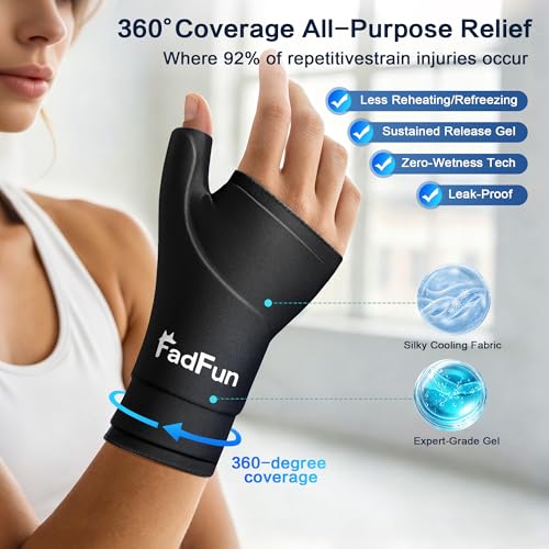 Wrist & Thumb Ice Pack Wrap- Upgraded Reusable Hot Cold Compress Hand Ice Pack for Carpal Tunnel Pain Relief, Tendonitis, Sports Injuries Swelling,Man&Woman, Size S/M,Black