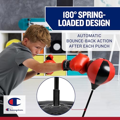 Champion Kids Punching Bag Set for Ages 3-10 – Adjustable 30"–43" Stand, Spring-Rebound Boxing Bag, PU Foam Gloves & Fillable Base – Indoor & Outdoor Youth Boxing Set