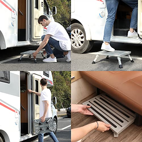 Homeon Wheels Large RV Step Stool, Adjustable Height Aluminum Folding Step Ladder with Non-Slip Rubber Feet, Heavy-Duty Design, Safety Platform for RV, Trailer, Truck, Outdoor Use, 19" x 14.3" - color: Silver