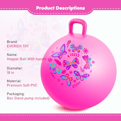 Hopper Ball, Pink Butterfly Hopping Toys for Kids, 18 Inch Bouncy Ball with Handle, Indoor Outdoor Inflatable Hoppity Hop Toy for Girls Boys Gift with Free Pump - color: Pink Butterfly, size: Age:4-8(18''/45cm)