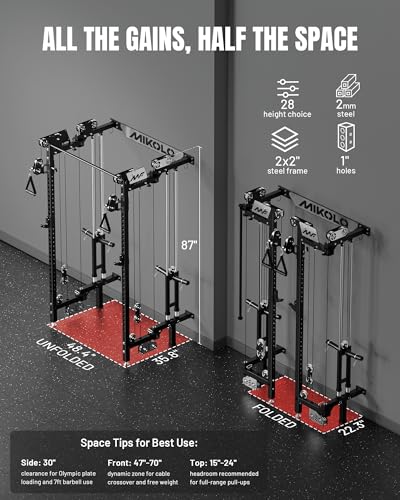 Mikolo Folding Squat Rack, Wall Mounted Power Rack with Cable Crossover Machine & LAT Pull Down, Functional Trainer with 5 Adjustable Function Modes, Home Gym Package - color: Black, size: WR02 Selector (100LB Weight Stack)