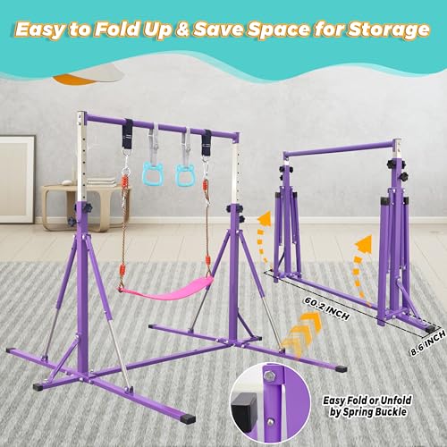 FC FUNCHEER Foldable Gymnastics Bar,5FT Horizontal bar,Adjustable Kids Training bar for Kids Ages 3-15,Kids Gymnastics bar,Triangle Stable Structure-Gym Equipment for Home - color: Purple, style: Bar-Swing-Rings
