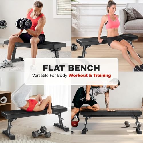 Flat Weight Bench Foldable 1300 LBS Capacity Adjustable Home Gym 5-Level Height Adjustment, 2.5" thick cushion, sturdy T-legs, Commercial-grade Flat Bench, Compact Storage for Home Workouts Man Woman