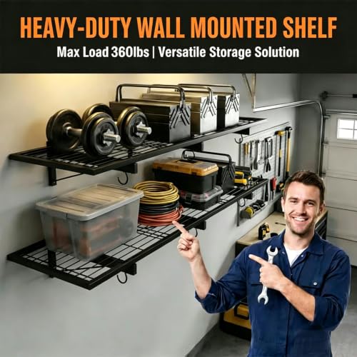 2-Pack Garage Wall Shelving, 46" × 12" Wall Mounted Floating Shelf, Heavy Duty Shelves 360 LBS Load Capacity, Black Storage Rack for Basement, Shop, Shed, Closet, Laundry Room - style: 2 PACK