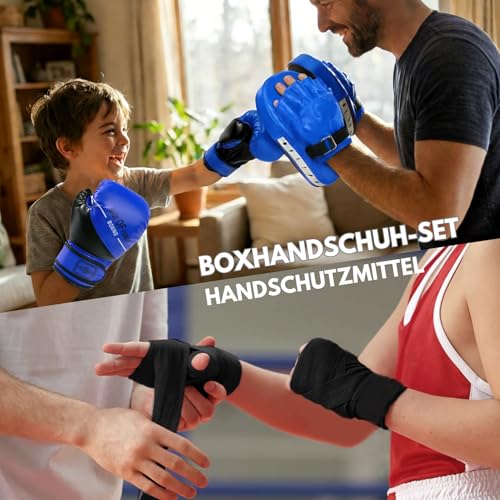 3-in-1 Boxing Gloves and Punching Mitts Set for Kids, Boxing Mitts Focus Pads with Hand Wraps for Kid, Youth Leather Punching Equipment Gloves Set for MMA, Karate, Muay Thai, Taekwondo - color: Blue