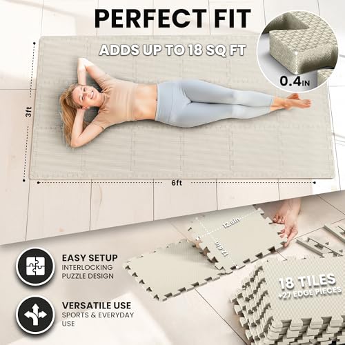 bemaxx Gym Mats Set - 18 pcs EVA Interlocking Foam Floor Tiles (12.6"x12.6"x0.4") 18sqft Protective Gym Flooring Sports Home Workout Exercise Mats Puzzle Garage Fitness Play-Room Pool Treadmill Bike - color: Warm Sand, size: 18 Tiles | 18 sq ft
