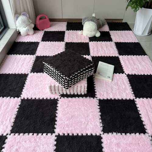 12Pcs Plush Foam Floor Mat,Plush Interlocking Carpet Tiles,Anti-Slip Square Puzzle Floor Mat,EVA Foam Area Rugs for Bedroom Playroom (Pink+Black) - color: Pink+black
